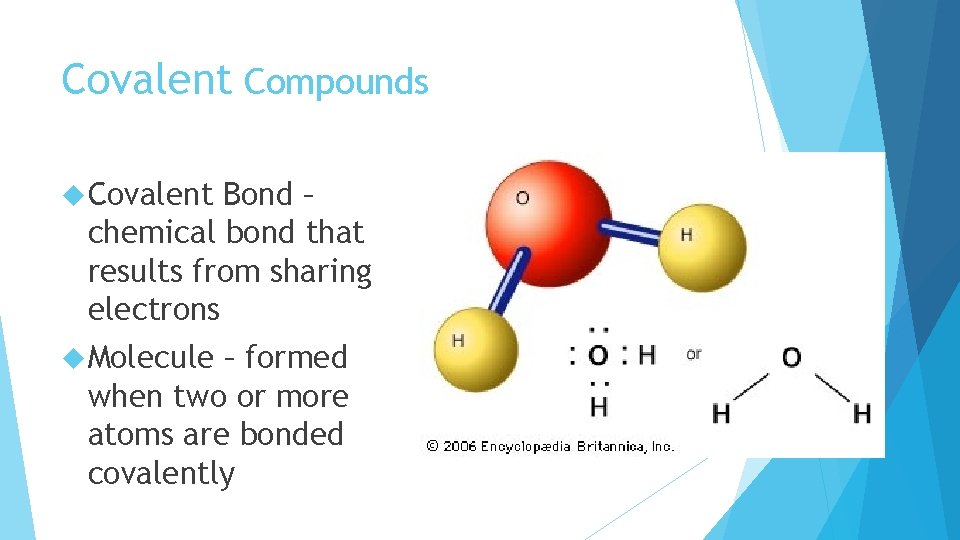 Covalent Compounds Covalent Bond – chemical bond that results from sharing electrons Molecule – Covalent Compounds Covalent Bond – chemical bond that results from sharing electrons Molecule –