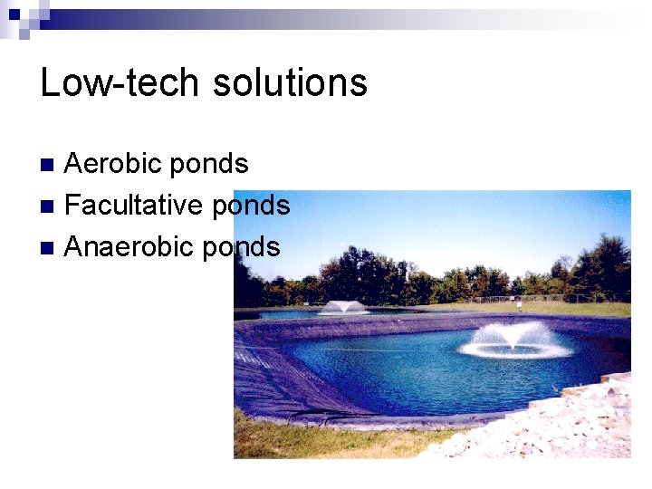 Low-tech solutions Aerobic ponds n Facultative ponds n Anaerobic ponds n 
