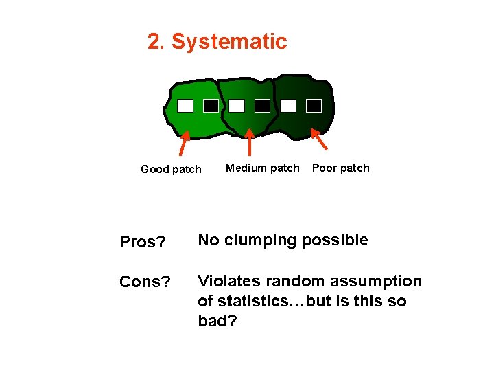 2. Systematic Good patch Medium patch Poor patch Pros? No clumping possible Cons? Violates