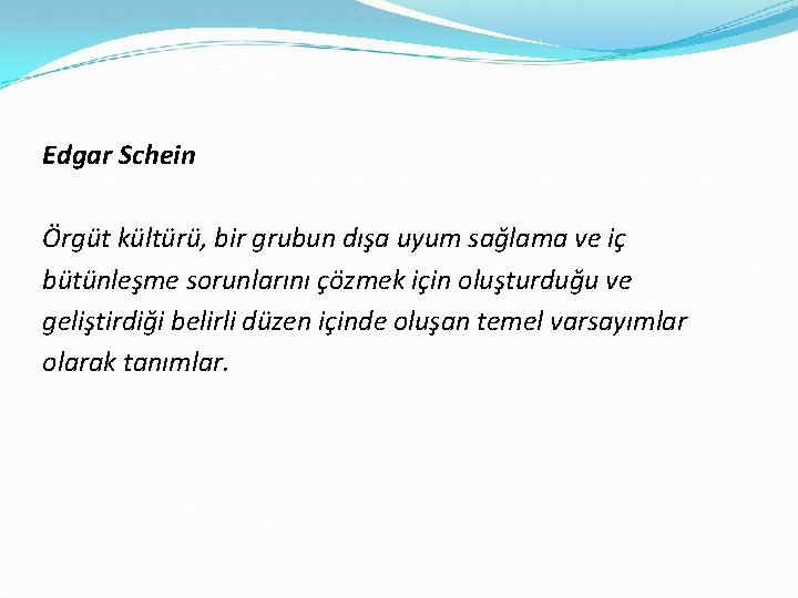 Edgar Schein Örgüt kültürü, bir grubun dışa uyum sağlama ve iç bütünleşme sorunlarını çözmek