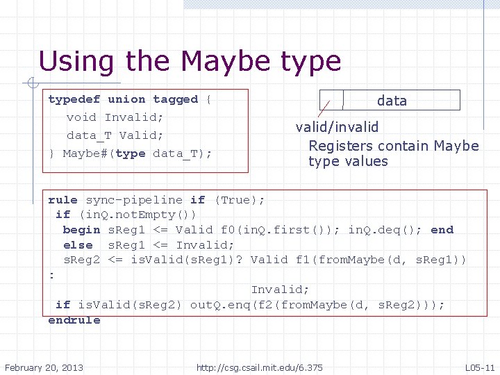 Using the Maybe typedef union tagged { void Invalid; data_T Valid; } Maybe#(type data_T);