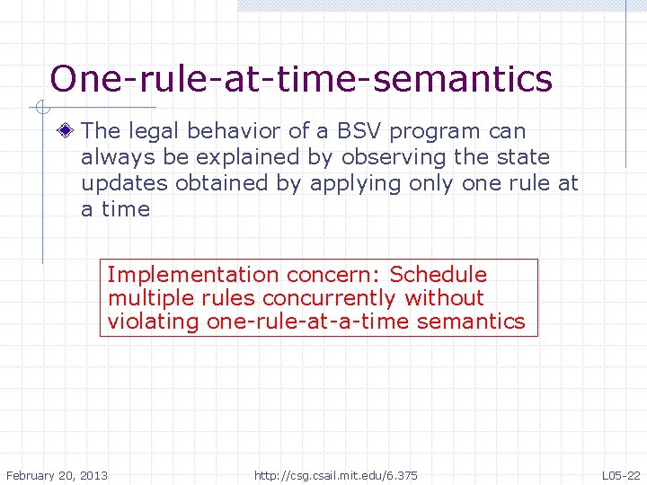 One-rule-at-time-semantics The legal behavior of a BSV program can always be explained by observing