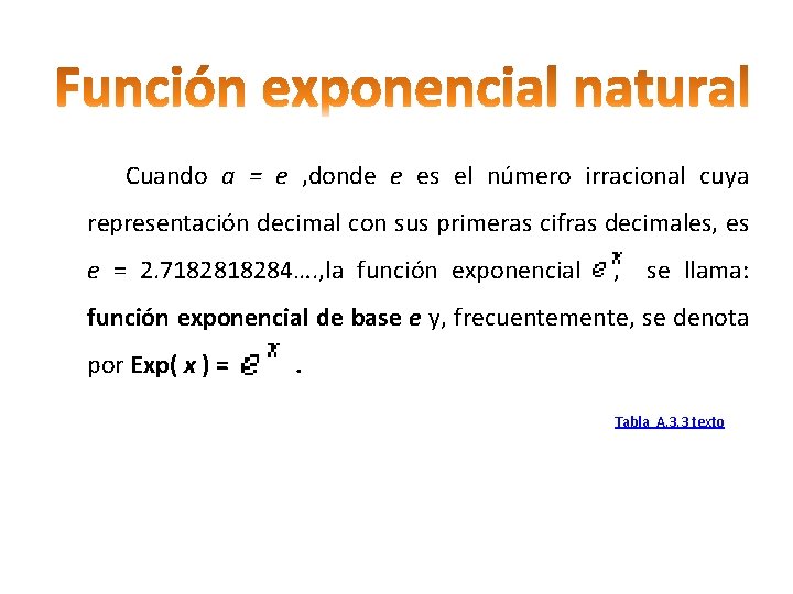 Cuando a = e , donde e es el número irracional cuya representación decimal