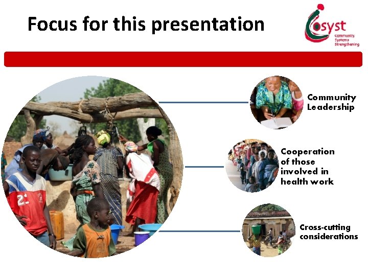 Focus for this presentation Community Leadership Cooperation of those involved in health work Cross-cutting