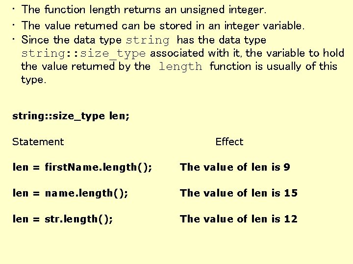  • The function length returns an unsigned integer. • The value returned can