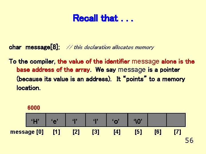 Recall that. . . char message[8]; // this declaration allocates memory To the compiler,