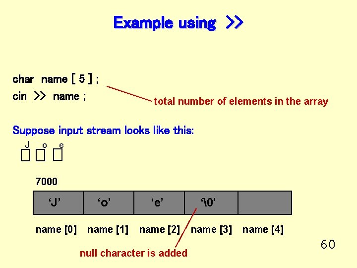 Example using >> char name [ 5 ] ; cin >> name ; total