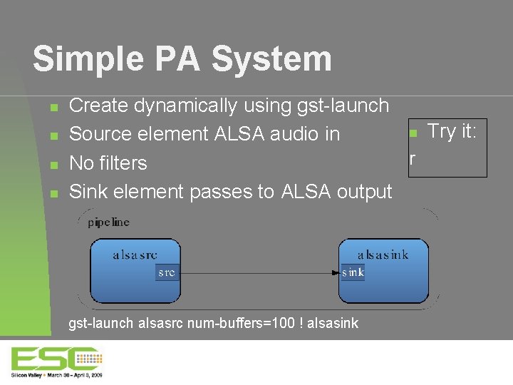 Simple PA System Create dynamically using gst-launch Try it: Source element ALSA audio in