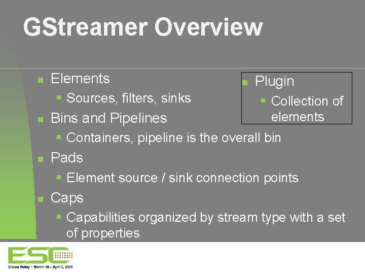 GStreamer Overview Elements Sources, filters, sinks Bins and Pipelines Plugin Collection of elements Containers,