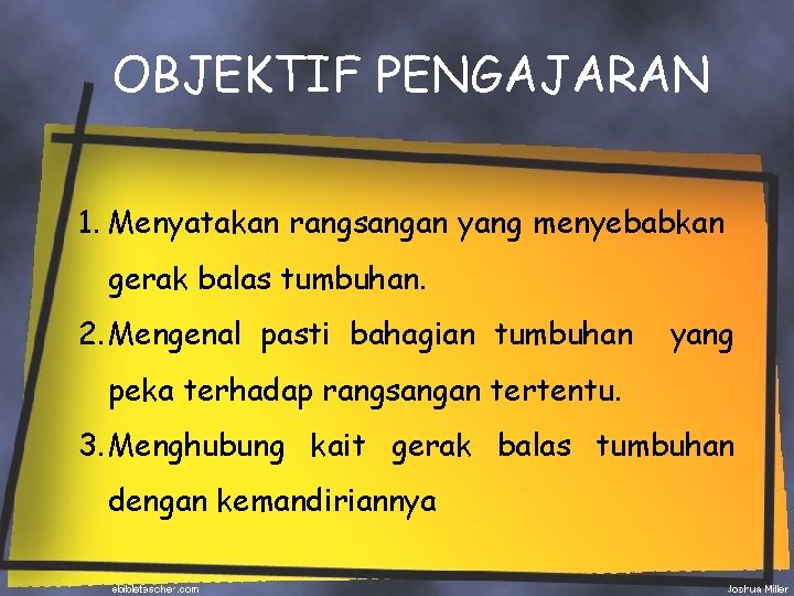 OBJEKTIF PENGAJARAN 1. Menyatakan rangsangan yang menyebabkan gerak balas tumbuhan. 2. Mengenal pasti bahagian