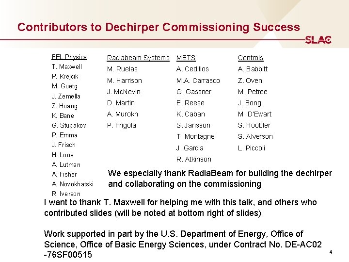 Contributors to Dechirper Commissioning Success FEL Physics Radiabeam Systems METS Controls T. Maxwell M.