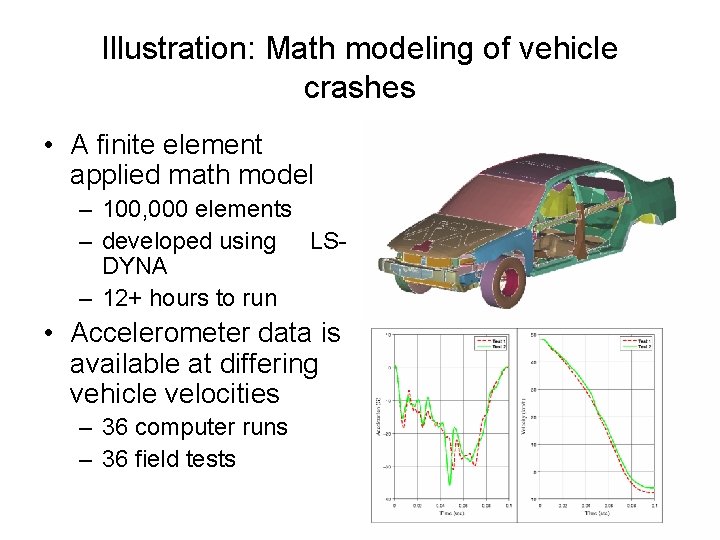 Illustration: Math modeling of vehicle crashes • A finite element applied math model –