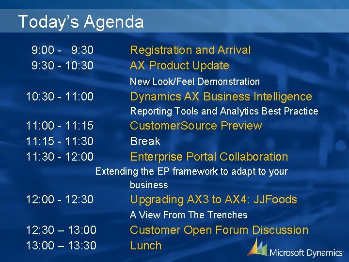 Today’s Agenda 9: 00 - 9: 30 - 10: 30 Registration and Arrival AX