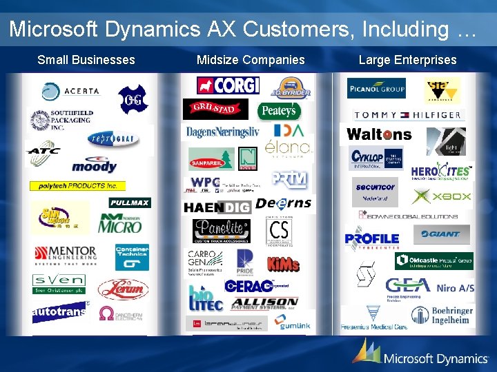 Microsoft Dynamics AX Customers, Including … Small Businesses Midsize Companies Large Enterprises 