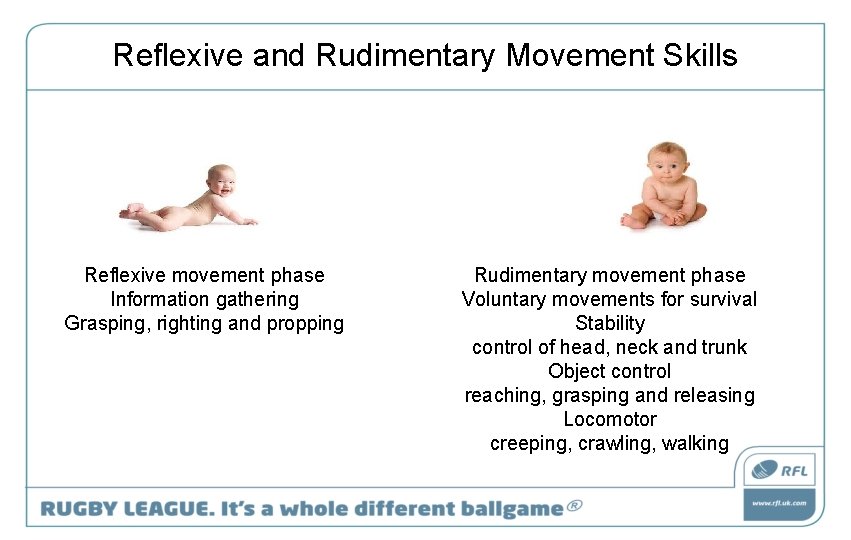 Reflexive and Rudimentary Movement Skills Reflexive movement phase Information gathering Grasping, righting and propping