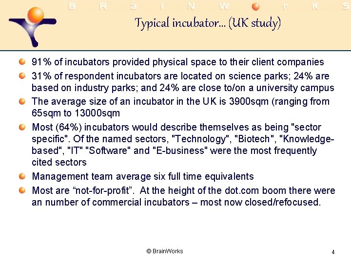 Typical incubator… (UK study) 91% of incubators provided physical space to their client companies