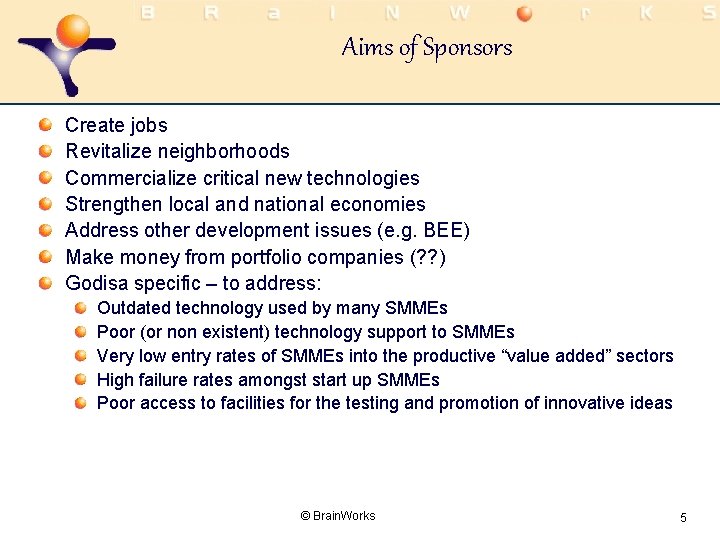 Aims of Sponsors Create jobs Revitalize neighborhoods Commercialize critical new technologies Strengthen local and