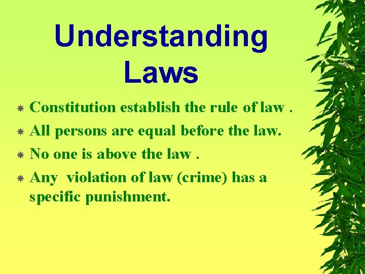 Understanding Laws Constitution establish the rule of law. All persons are equal before the