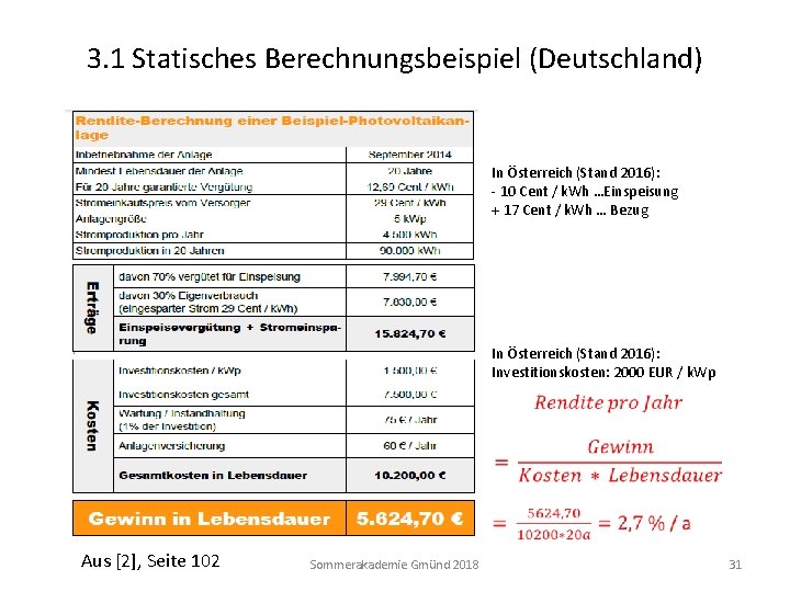 3. 1 Statisches Berechnungsbeispiel (Deutschland) In Österreich (Stand 2016): - 10 Cent / k.