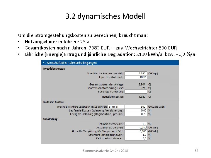 3. 2 dynamisches Modell Um die Stromgestehungskosten zu berechnen, braucht man: • Nutzungsdauer in