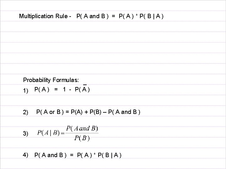 Multiplication Rule - P( A and B ) = P( A ) * P(