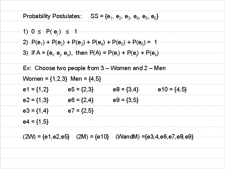 Probability Postulates: SS = {e 1, e 2, e 3, e 4, e 5,