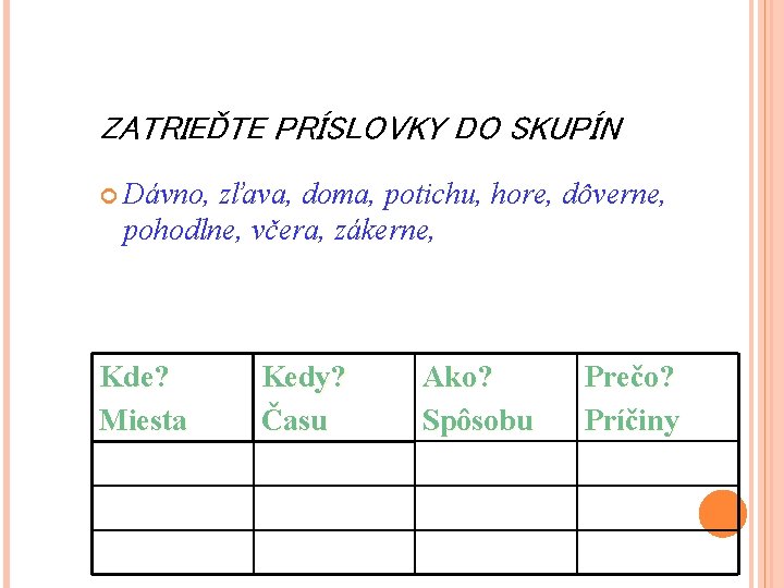 ZATRIEĎTE PRÍSLOVKY DO SKUPÍN Dávno, zľava, doma, potichu, hore, dôverne, pohodlne, včera, zákerne, Kde?