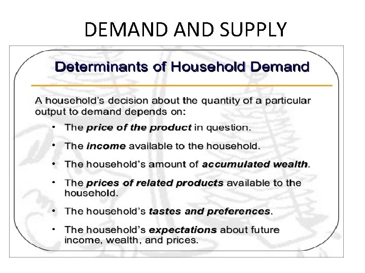 DEMAND SUPPLY Determinants of demand: 1. Price of the product in question 2. Ability