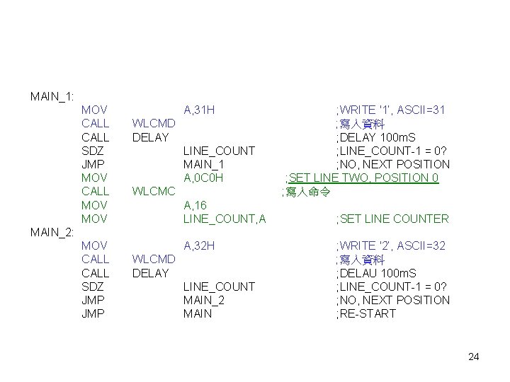 MAIN_1: MOV CALL SDZ JMP MOV CALL MOV A, 31 H WLCMD DELAY LINE_COUNT