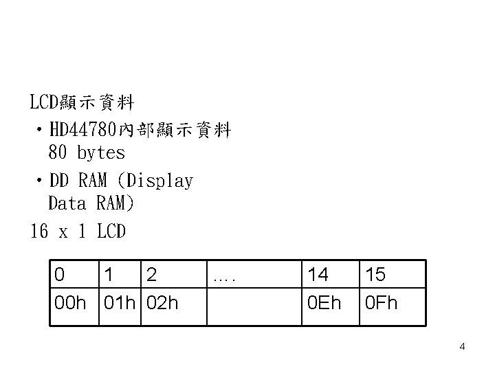 LCD顯示資料 • HD 44780內部顯示資料 80 bytes • DD RAM (Display Data RAM) 16 x