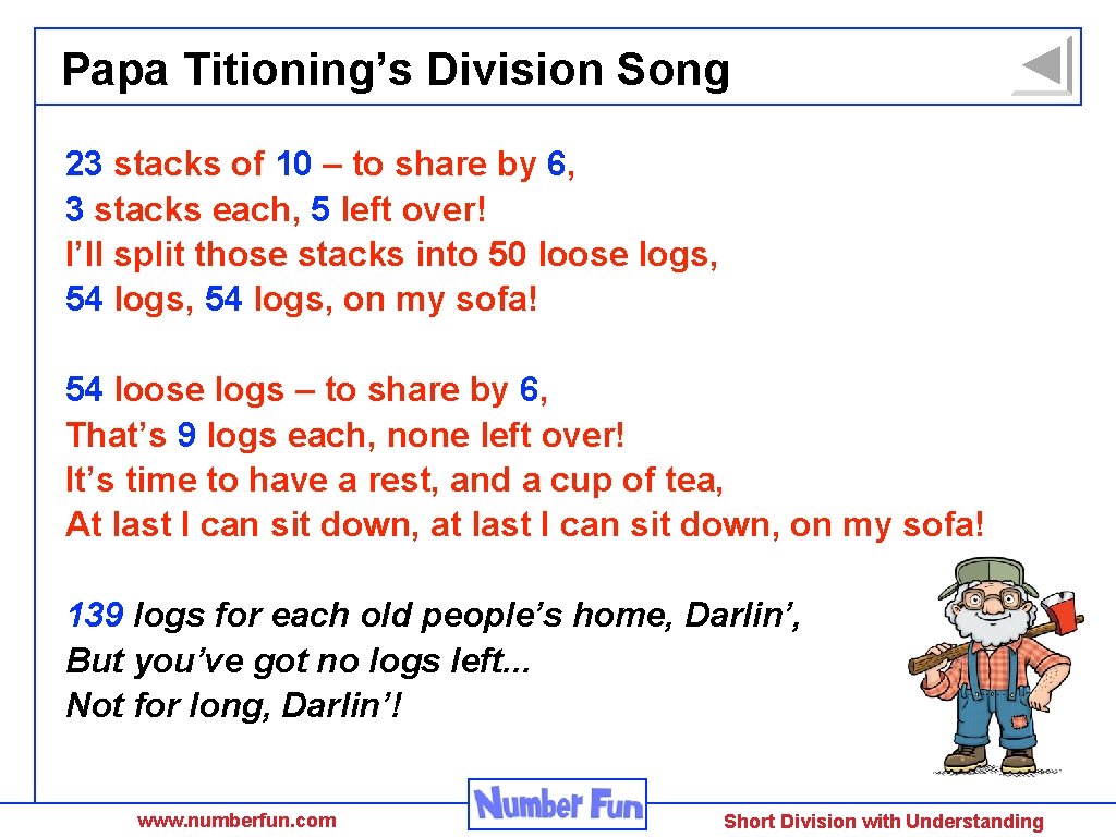 Papa Titioning’s Division Song 23 stacks of 10 – to share by 6, 3