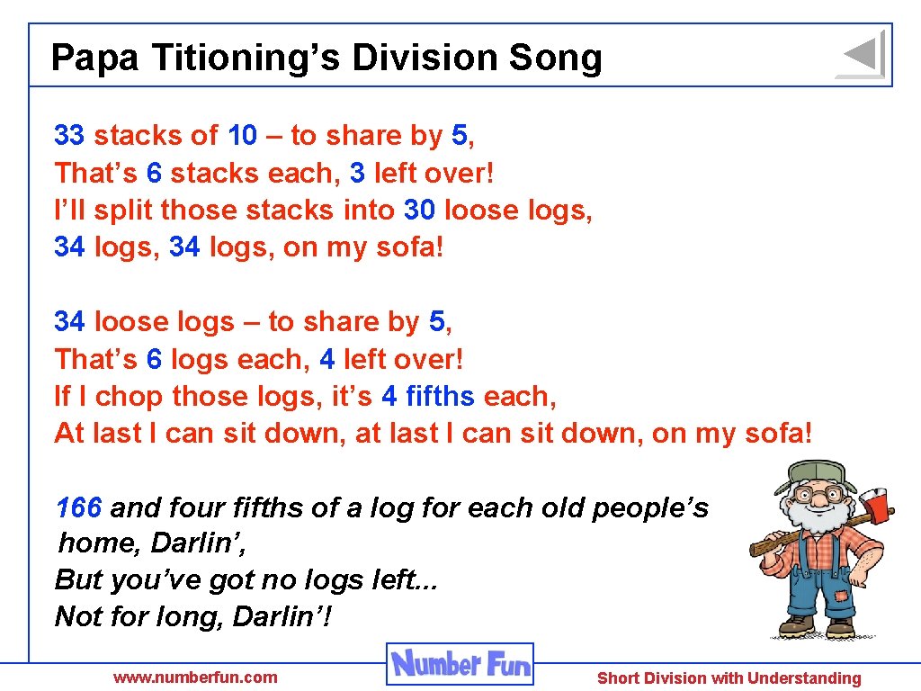 Papa Titioning’s Division Song 33 stacks of 10 – to share by 5, That’s