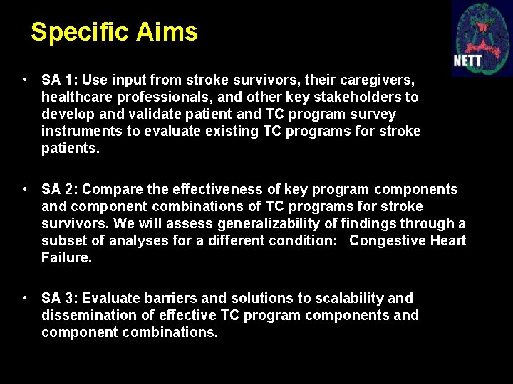 Specific Aims • SA 1: Use input from stroke survivors, their caregivers, healthcare professionals,