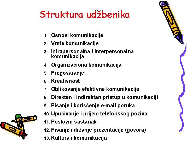 Struktura udžbenika 1. Osnovi komunikacije 2. Vrste komunikacije 3. Intrapersonalna i interpersonalna komunikacija 4.