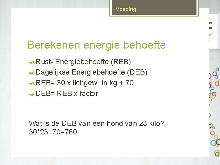 Voeding Berekenen energie behoefte Rust- Energiebehoefte (REB) Dagelijkse Energiebehoefte (DEB) REB= 30 x lichgew.