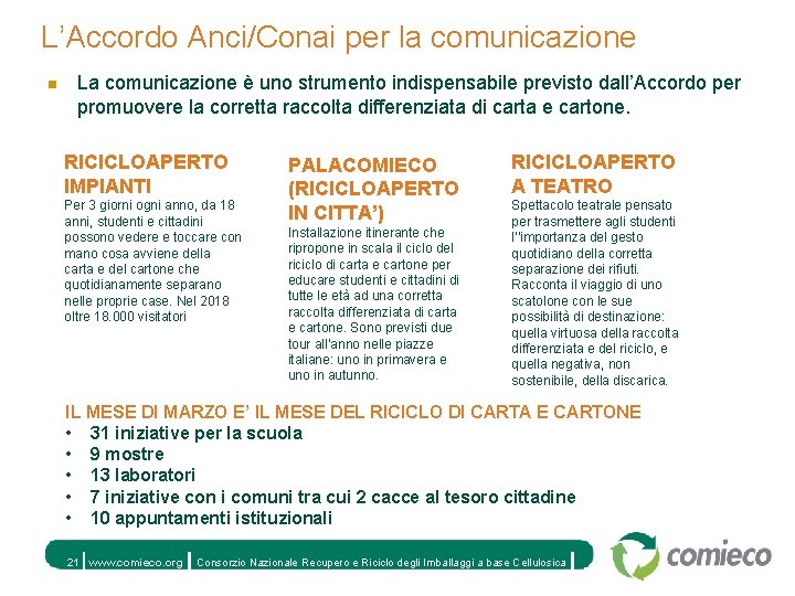 L’Accordo Anci/Conai per la comunicazione n La comunicazione è uno strumento indispensabile previsto dall’Accordo