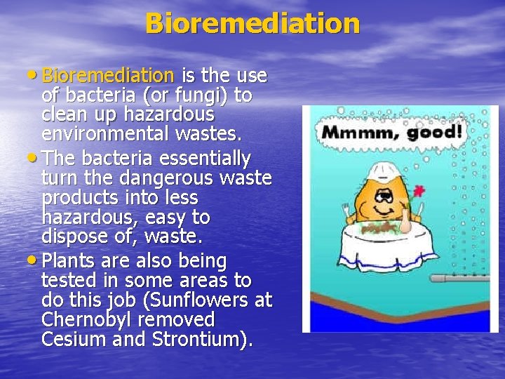 Bioremediation • Bioremediation is the use of bacteria (or fungi) to clean up hazardous