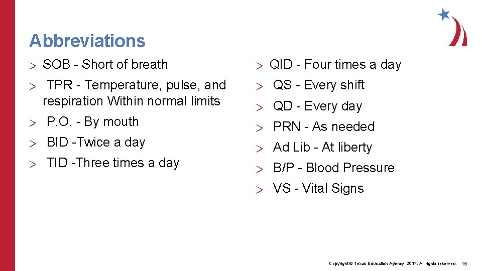 Abbreviations > SOB - Short of breath > QID - Four times a day