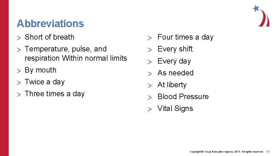 Abbreviations > Short of breath > Four times a day > Temperature, pulse, and