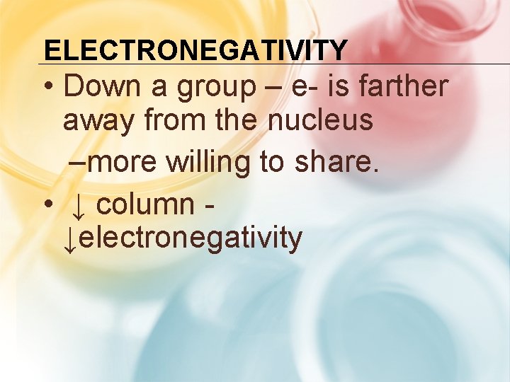 ELECTRONEGATIVITY • Down a group – e- is farther away from the nucleus –more ELECTRONEGATIVITY • Down a group – e- is farther away from the nucleus –more