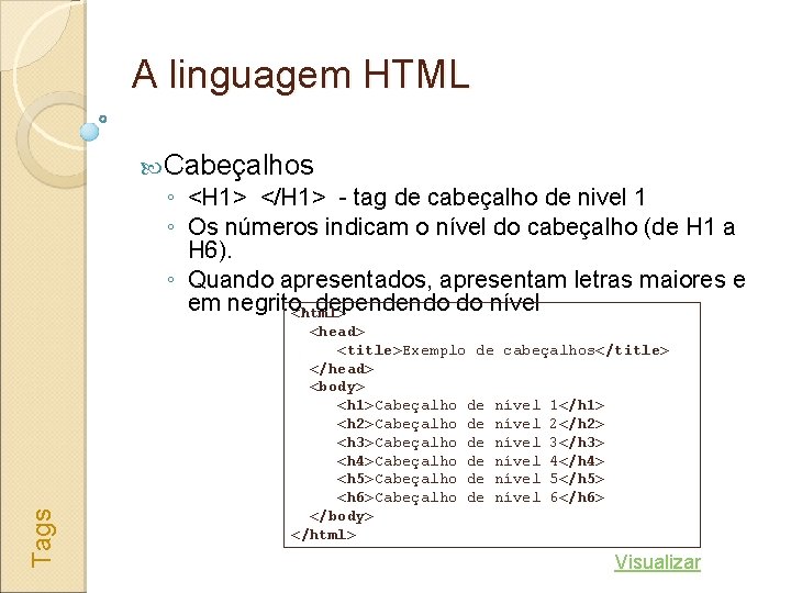 A linguagem HTML Tags Cabeçalhos ◦ <H 1> </H 1> - tag de cabeçalho