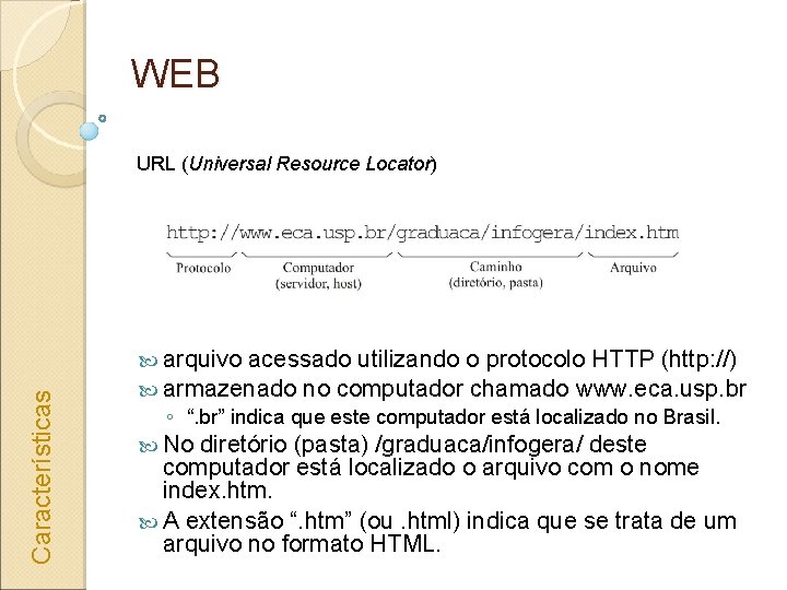 WEB Características URL (Universal Resource Locator) arquivo acessado utilizando o protocolo HTTP (http: //)