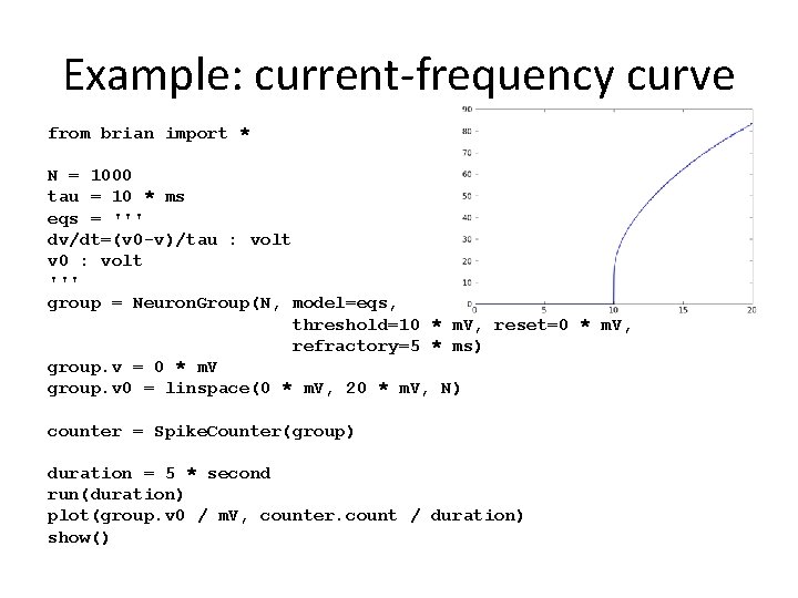 Example: current-frequency curve from brian import * N = 1000 tau = 10 *