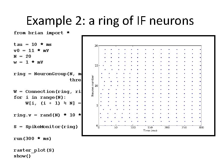 Example 2: a ring of IF neurons from brian import * tau = 10