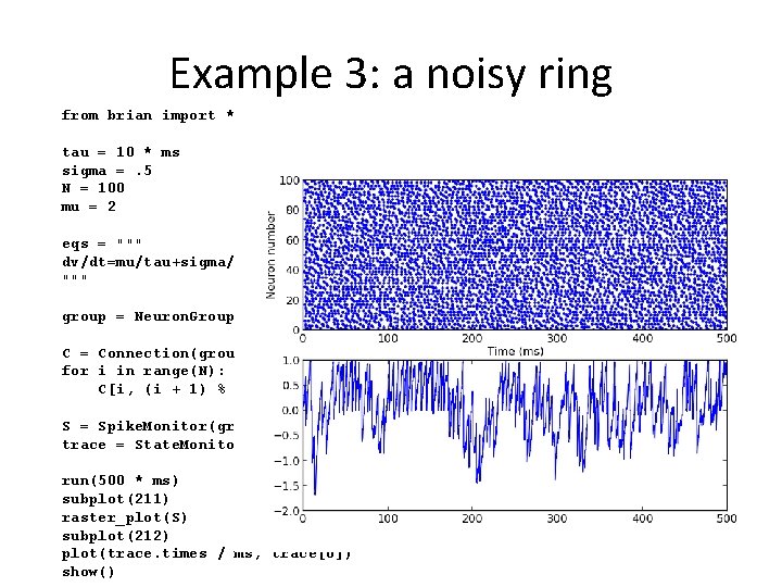 Example 3: a noisy ring from brian import * tau = 10 * ms
