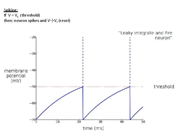 Spiking: If V = Vt (threshold) then: neuron spikes and V→Vr (reset) 