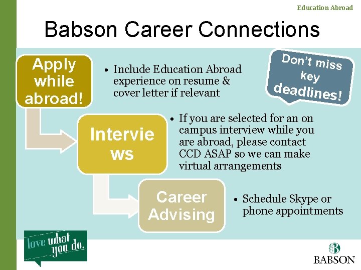 Education Abroad Babson Career Connections Apply while abroad! • Include Education Abroad experience on