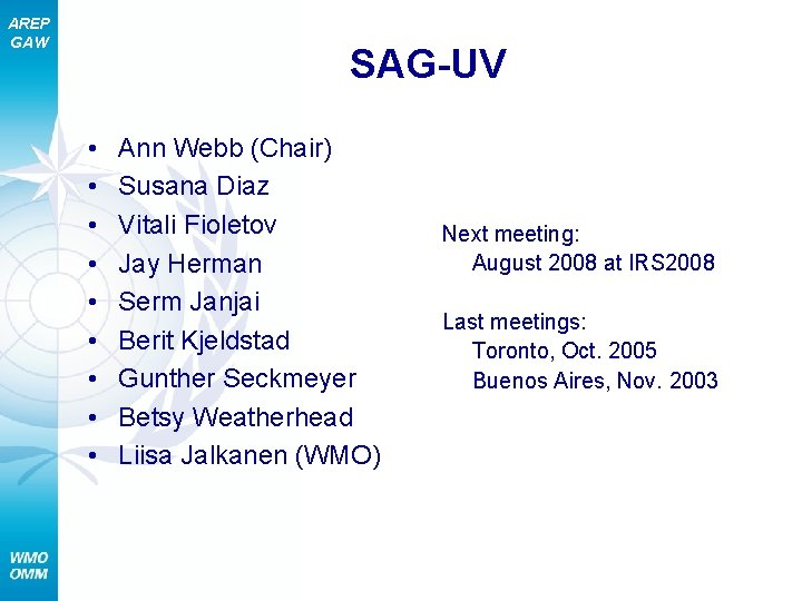 AREP GAW SAG-UV • • • Ann Webb (Chair) Susana Diaz Vitali Fioletov Jay