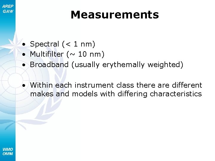 AREP GAW Measurements • Spectral (< 1 nm) • Multifilter (~ 10 nm) •