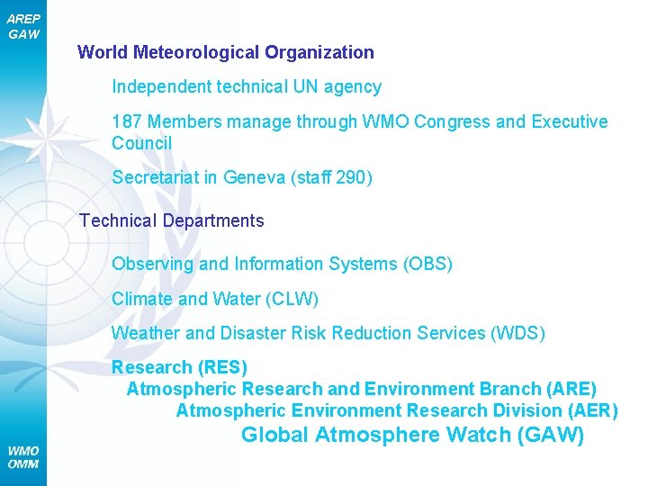 AREP GAW World Meteorological Organization Independent technical UN agency 187 Members manage through WMO